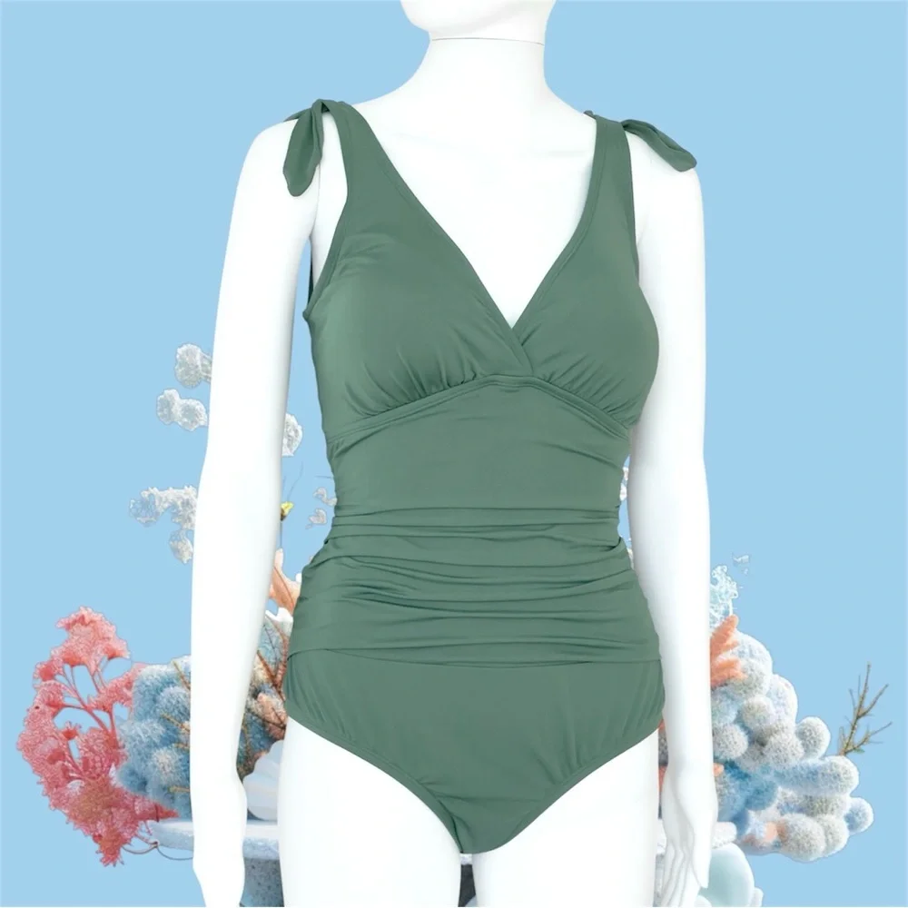 JANTZEN One Piece Surplice Swimsuit Solid Green Lined Stretch Tummy Friendly - Picture 6 of 9